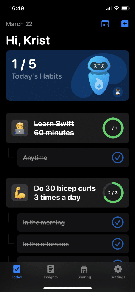 Benji Habits Tracker screenshot showing the daily habits scheduke